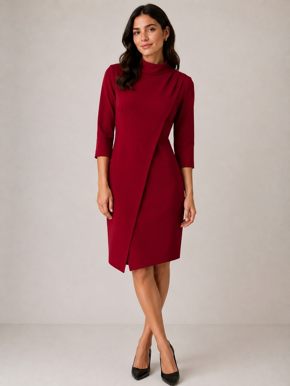 Boston Proper Wine Red Asymmetric Faux Wrap Midi Dress